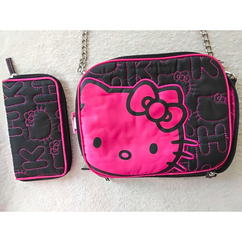Hello Kitty Pink Black Quilted Crossbody Shoulder Bag Matching Wallet